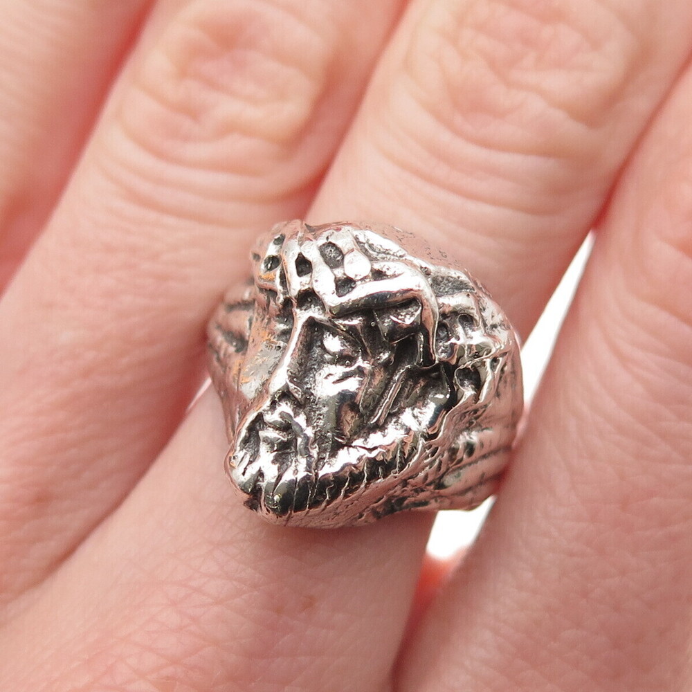 925 Sterling Silver Vintage Jesus Oxidized Ring Size 6.75
